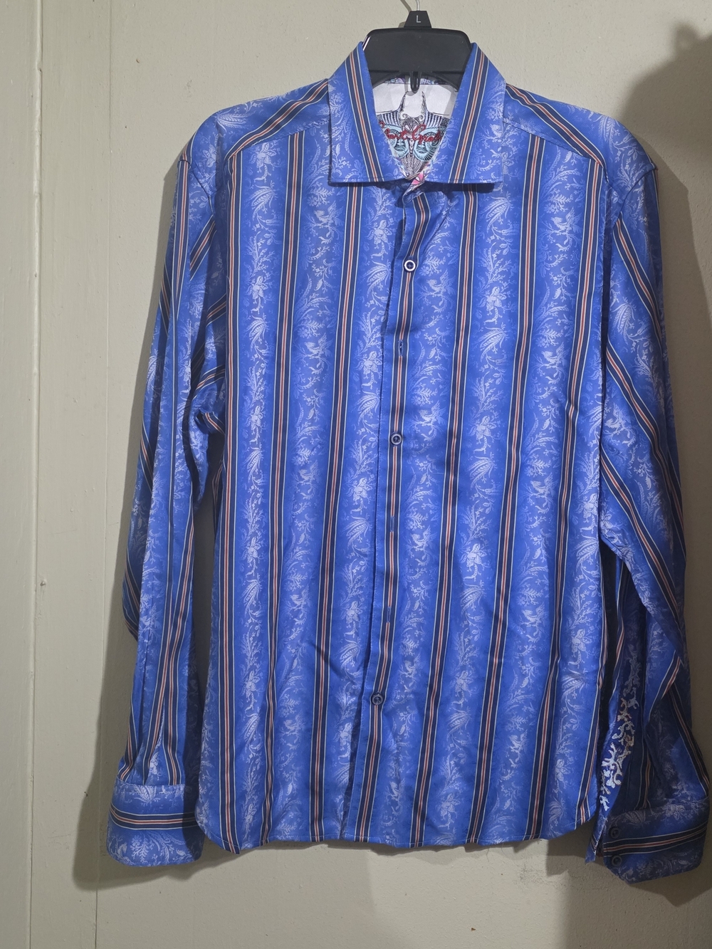 Robert Graham Blue Striped Button-Down Shirt with Subtle Paisley Used Size L